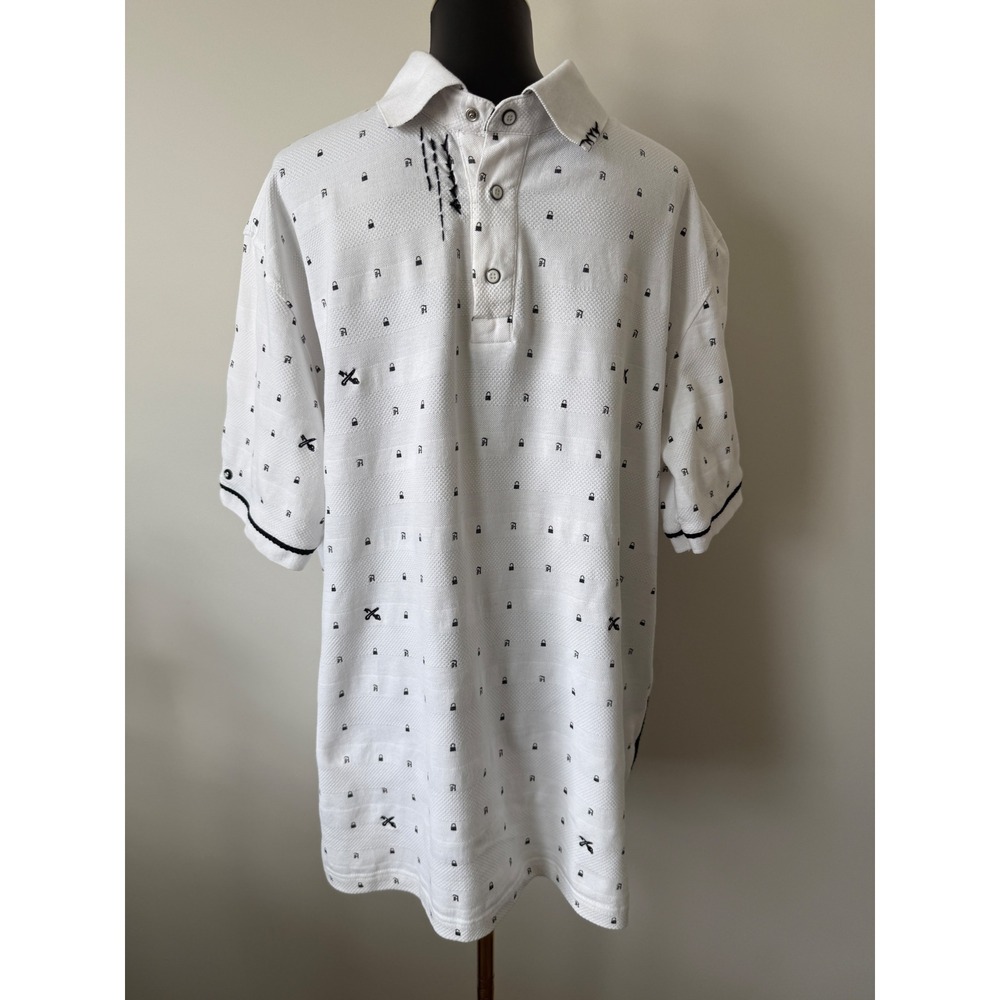 Akademiks Mens XL White Polo All Over Print Lock Logo Streetwear Embroidered